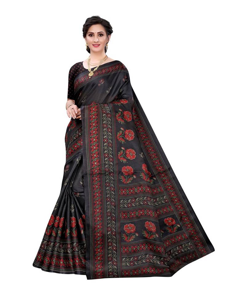 Black Khadi Printed Saree with Blouse Piece