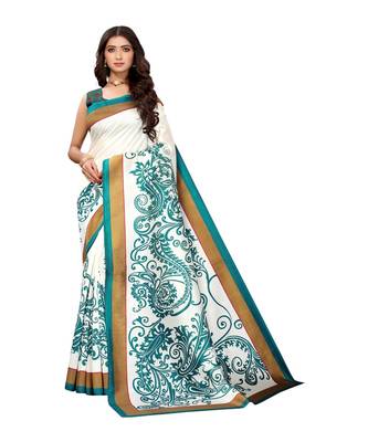 White & Blue Art Silk Printed Saree with Blouse Piece 1