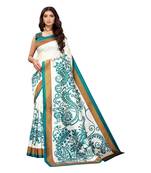 White & Blue Art Silk Printed Saree with Blouse Piece