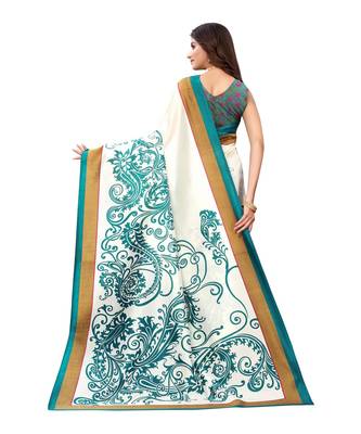 White & Blue Art Silk Printed Saree with Blouse Piece 2