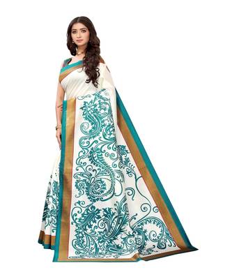 White & Blue Art Silk Printed Saree with Blouse Piece 3