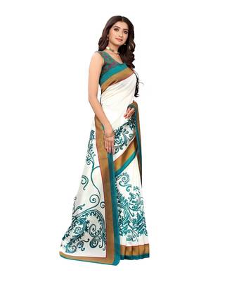 White & Blue Art Silk Printed Saree with Blouse Piece 4