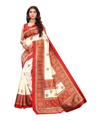 White & Red Art Silk Printed Saree with Blouse Piece 1