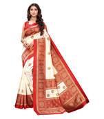 White & Red Art Silk Printed Saree with Blouse Piece