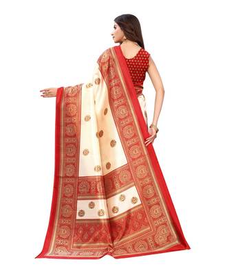 White & Red Art Silk Printed Saree with Blouse Piece 2