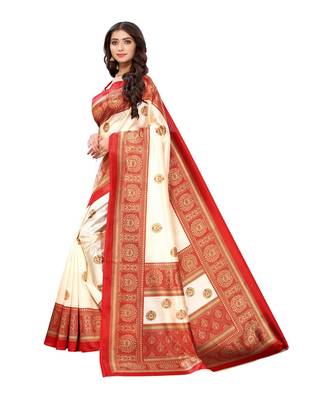 White & Red Art Silk Printed Saree with Blouse Piece 3