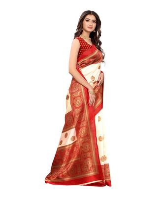 White & Red Art Silk Printed Saree with Blouse Piece 4