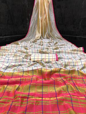 Kimisha Women's Woven Cotton silk Beige saree with Runing blouse 1