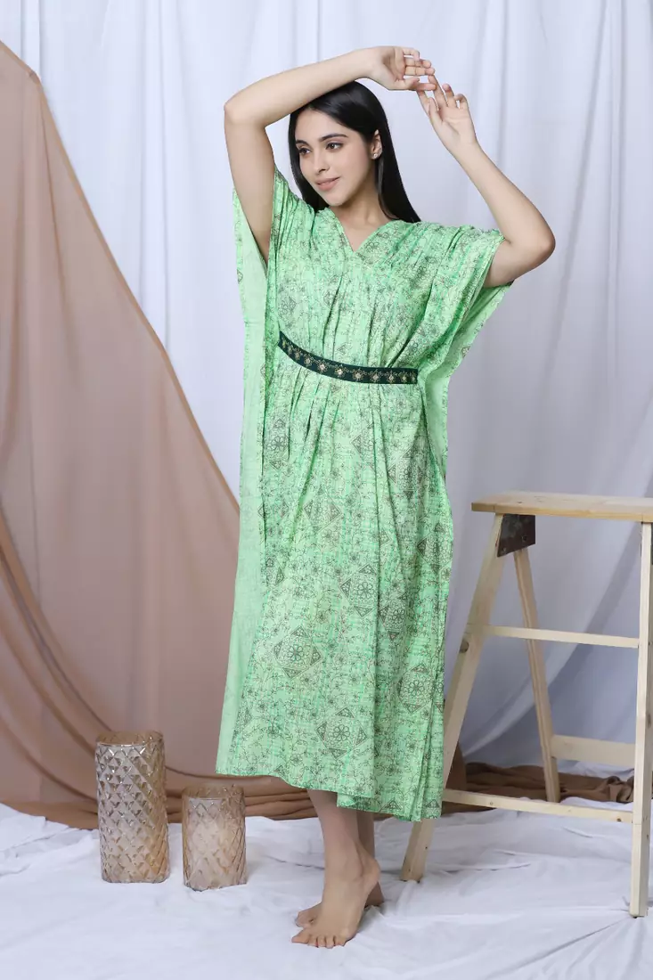 GREEN PRINTED KAFTAN WITH EMBROIDERED BELT