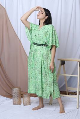 Green Printed Kaftan With Embroidered Belt 2