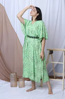 Green Printed Kaftan With Embroidered Belt
