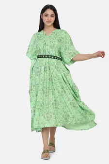 Green Printed Kaftan With Embroidered Belt