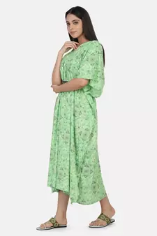 Green Printed Kaftan With Embroidered Belt
