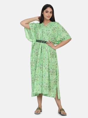 Green Printed Kaftan With Embroidered Belt 7