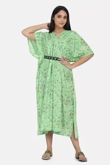 Green Printed Kaftan With Embroidered Belt