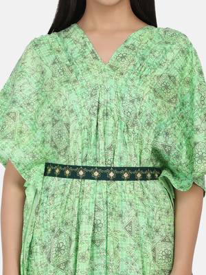 Green Printed Kaftan With Embroidered Belt 9