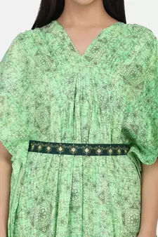 Green Printed Kaftan With Embroidered Belt