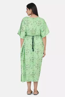 Green Printed Kaftan With Embroidered Belt