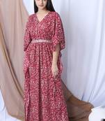 Maroon Printed Kaftan With Embroidered Belt