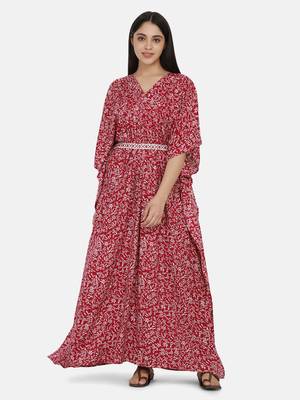Maroon Printed Kaftan With Embroidered Belt 6