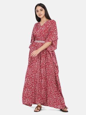 Maroon Printed Kaftan With Embroidered Belt 7