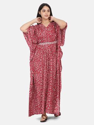 Maroon Printed Kaftan With Embroidered Belt 8