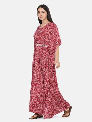 Maroon Printed Kaftan With Embroidered Belt 9