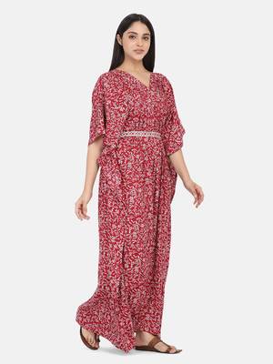 Maroon Printed Kaftan With Embroidered Belt 10