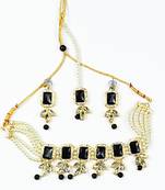 Adorable Gold Plated Pearl Black Stone Moti Choker Necklace Set With Matching Earring & Mangtikka