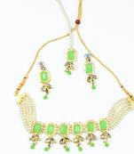 ADORABLE GOLD PLATED PEARL Green STONE MOTI CHOKER NECKLACE SET WITH MATCHING EARRING & MANGTIKKA
