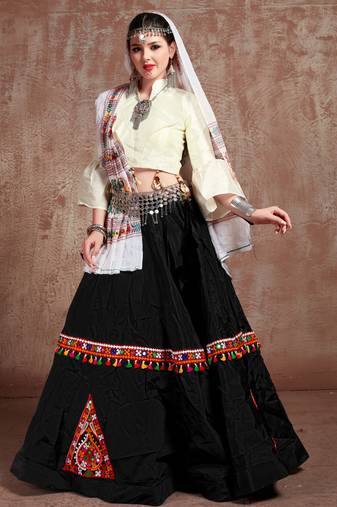 Black Gujarati Gamthi Hand Embroidered Taffeta Silk Navratri Festival Lehenga Collection