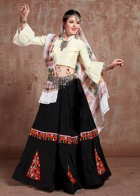 Black Gujarati Gamthi Hand Embroidered Taffeta Silk Navratri Festival Lehenga Collection 2