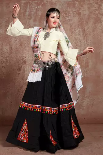 Black Gujarati Gamthi Hand Embroidered Taffeta Silk Navratri Festival Lehenga Collection