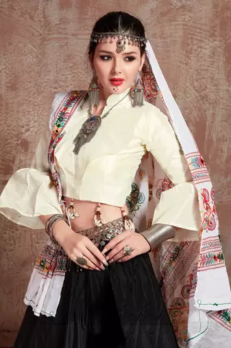Black Gujarati Gamthi Hand Embroidered Taffeta Silk Navratri Festival Lehenga Collection