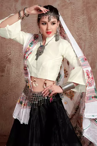Black Gujarati Gamthi Hand Embroidered Taffeta Silk Navratri Festival Lehenga Collection