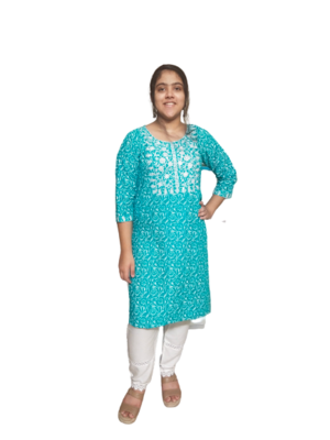 Beautiful Firozi Kurti Pent In Rayon Block Print Party Wear Dress 1