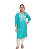 Beautiful Firozi Kurti Pent In Rayon Block Print Party Wear Dress