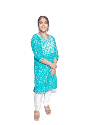 Beautiful Firozi Kurti Pent In Rayon Block Print Party Wear Dress 2