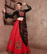 Red Gujarati Gamthi Hand Embroidered Cotton Indian Traditional Dandiya Raas Garba Semi Stitched Navratri Lehenga