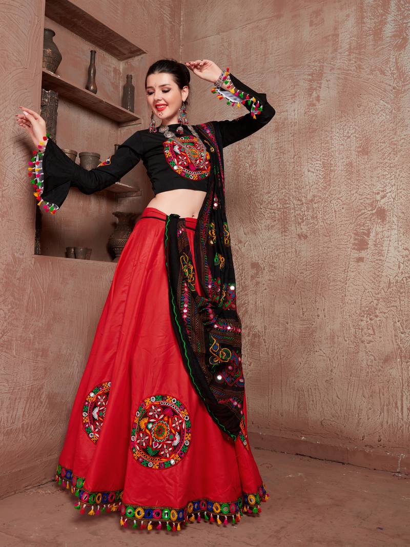 Red Gujarati Gamthi Hand Embroidered Cotton Indian Traditional Dandiya Raas Garba Semi Stitched Navratri Lehenga