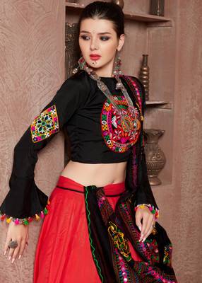Red Gujarati Gamthi Hand Embroidered Cotton Indian Traditional Dandiya Raas Garba Semi Stitched Navratri Lehenga 2