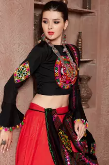 Red Gujarati Gamthi Hand Embroidered Cotton Indian Traditional Dandiya Raas Garba Semi Stitched Navratri Lehenga