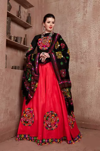 Red Gujarati Gamthi Hand Embroidered Cotton Indian Traditional Dandiya Raas Garba Semi Stitched Navratri Lehenga