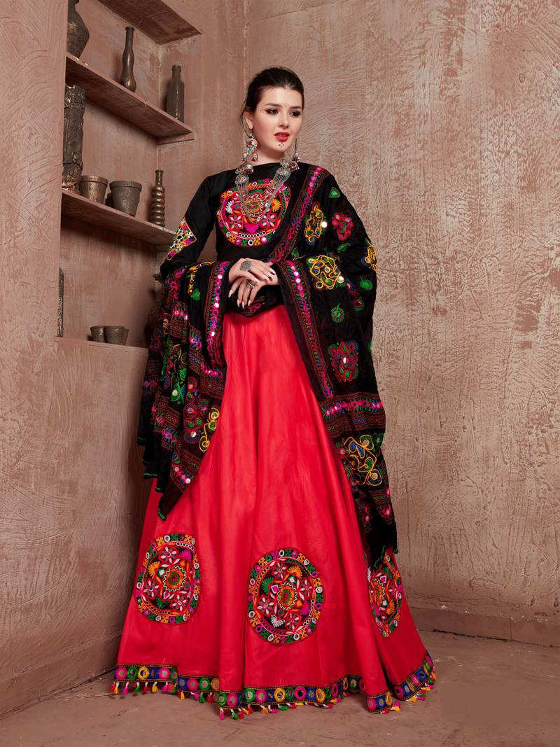 Red Gujarati Gamthi Hand Embroidered Cotton Indian Traditional Dandiya Raas Garba Semi Stitched Navratri Lehenga