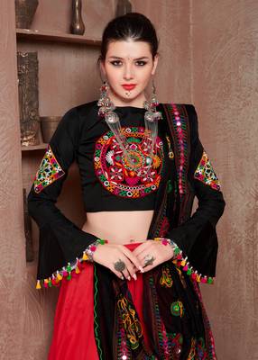 Red Gujarati Gamthi Hand Embroidered Cotton Indian Traditional Dandiya Raas Garba Semi Stitched Navratri Lehenga 5