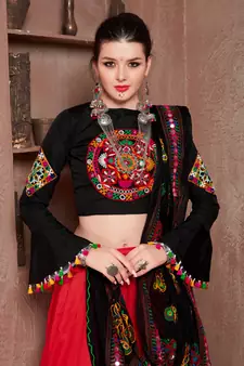 Red Gujarati Gamthi Hand Embroidered Cotton Indian Traditional Dandiya Raas Garba Semi Stitched Navratri Lehenga