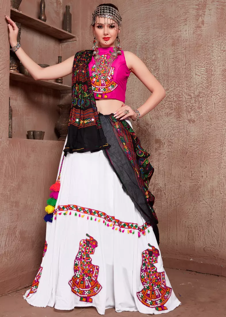 White gujarati gamthi hand embroidered cotton festival collection for navratri