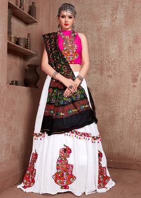 White Gujarati Gamthi Hand Embroidered Cotton Festival Collection For Navratri 2