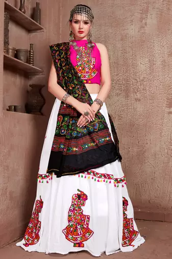 White Gujarati Gamthi Hand Embroidered Cotton Festival Collection For Navratri