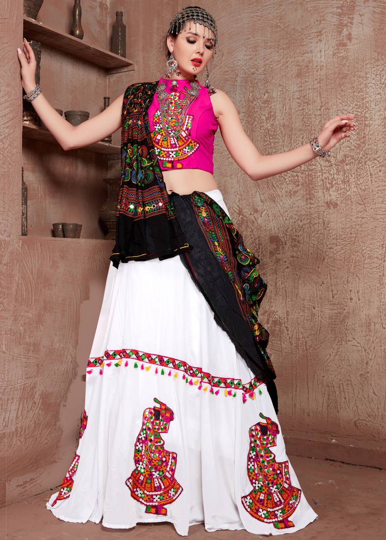 White Gujarati Gamthi Hand Embroidered Cotton Festival Collection For Navratri